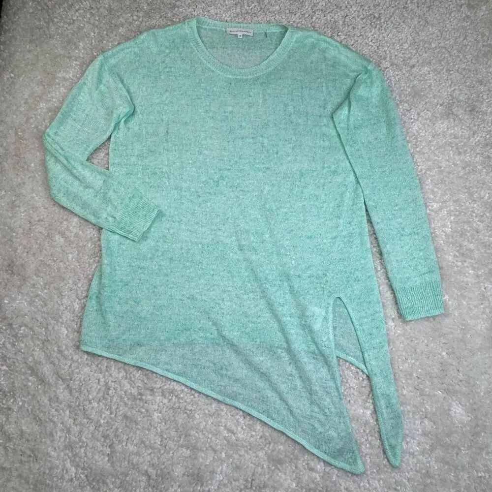 White + Warren Linen Asymmetrical Tunic Slit Sweater Green Side Tie